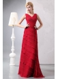 Wine Red V-neck Ruch Beaded Dama Dress On Sale