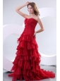 Affordable Princess Sweetheart Brush Train Organza Red Prom Dress