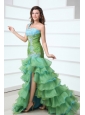 Cute A-Line One Shoulder Organza Beading and Ruffled Layers Green Prom Dress with High-low