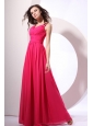 Beaded Decorate Shoulder Chiffon Empire Prom Dress in Coral Red