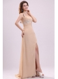 Champagne High Slit One Shoulder Prom Dress with Appliques and Beading