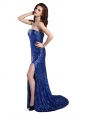 Column Sweetheart Royal Blue Sequins High Slit Brush Train Prom Dress