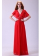 Affordable Empire V-neck Beading Chiffon Short Sleeves Prom Dress in Red