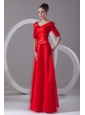 Cheap Column V-neck Red Taffeta Half Sleeves Red Ruching Prom Dress