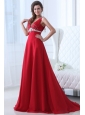 Empire V-neck Brush Train Beading Chiffon 2014 Spring Red Prom Dress