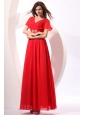 Empire V-neck Floor-length Chiffon Beading Short Sleeves Red Prom Dress