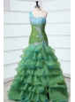 Mermaid One Shoulder Appliques Organza Green Prom Dress