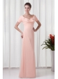 Watermelon Column V-neck Short Sleeves Ruching Chiffon Prom Dress