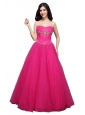 A-line Strapless Hot Pink Appliques Organza Beading Prom Dress