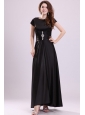 Bateau Black Beading Empire Ankle-length Prom Dress with Short Sleeves
