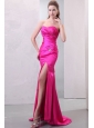 Column Hot Pink High Slit Sweetheart Beading and Ruching Prom Dress