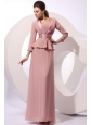 Column Square Long Ruching Pink Chiffon Floor-length Prom Dress