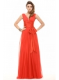 Empire  Red V-neck Ruching Chiffon Prom Dress