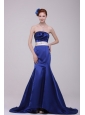 Mermaid Strapless Brush Train Navy Blue Taffeta Sashes Prom Dress