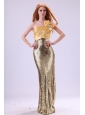 Sexy Sequins Column Strapless Floor-length Yellow Prom Dress with Ruching