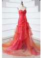 A-line Sweetheart Red Court Train Organza Beading Prom Dress