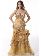 Bowknot Unique Sweetheart Gold Prom Dress with Beading and Flowers