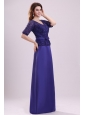 Column V-neck Lace Sash Purple Half Sleeves Satin Long Prom Dress
