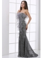 Mermaid Black Festher Strapless Sequins Brush Train Prom Dress