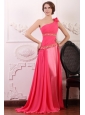 Pink Empire One Shoulder Flowers Beaded Prom Dress with Brush Train