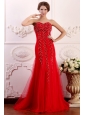 Red Column Sweetheart Brush Train Prom Dress with Beading