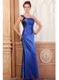 Royal Blue Column One Shoulder Prom Dress with Beading and Flowers
