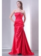 Strapless Coral Red A-line Sweep Train Beaded Decorate Prom Dress