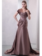 Sweetheart A-line Ruche Decorate Chocolate Prom Dress with Train