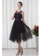 A-line One Shoulder Black Tulle Tea-length 2014 Prom Dress