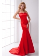 Column Sweetheart Red  Brush Train Ruching Prom Dress