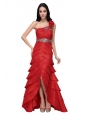 Column Wine Red Hand Made Flowers Strapless Beading Ruffled Layers Prom Dress