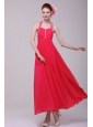 Empire Halter Top Neck Red Beading Ankle-length Prom Dress