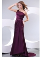 Simple Column One Shoulder Brush Train Taffeta Prom Dress with Ruching