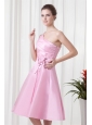 A-line Pink One Shoulder Knee-length Hand Made Flowers Prom Dress