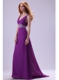 Beaded Decorate Shoulder and Waist V-neck Empire Purple Prom Dress