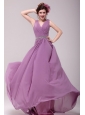 Beaded Decorate Waist V-neck Chiffon Lilac Prom Dress for Girls