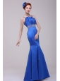 Beautiful Column Blue Straps Floor-length Taffeta Prom Dress with Beading