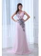 Beautiful Pink Column V-neck Tulle and Taffeta Prom Dress with Appliques