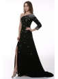 Black Beaded High Slit One Shoulder Prom Dress with 3/4 Length Sleeves
