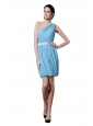 Column Light Blue One Shoulder Ruching Belt Mini-length Prom Dress