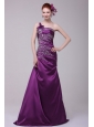 Column One Shoulder Lace Up Floor-length Beading Taffeta Purple Prom Dress