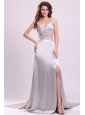 Column Straps Beading Ruching Satin High Slit Gray Prom Dress