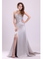 Column Straps Beading Ruching Satin High Slit Gray Prom Dress