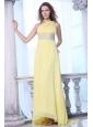 Empire One Shoulder Yellow Chiffon Beaded Decorate Waist Prom Dress