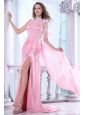 One Shoulder Column Flower and Beading Prom Dress in Baby Pink