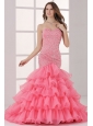 Watermelon Sweetheart Mermaid Beading and Ruffles Layered Prom Dress