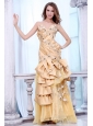 Bowknot Unique Sweetheart Gold Prom Dress with Beading and Flowers