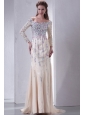 Champagne Off The Shoulder Column Beading Prom Dress with Long Sleeves