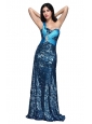 Column Blue One Shoulder Beading Ruching Sequins Floor-length Prom Dress