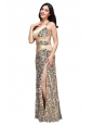 Column Champgne One Shoulder Sequins Ruching Floor-length Prom Dress